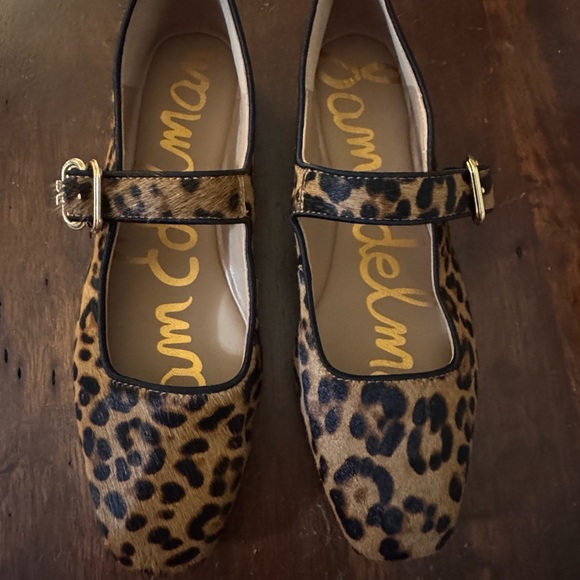 Sam Edelman Leopard Print Mary Jane Flats in Brown and Black with Gold Buckle - Picture 2 of 5